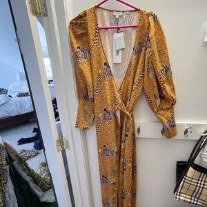 Rhode Aspens Serengeti Yellow Puff Sleeve Animal Wrap Dress